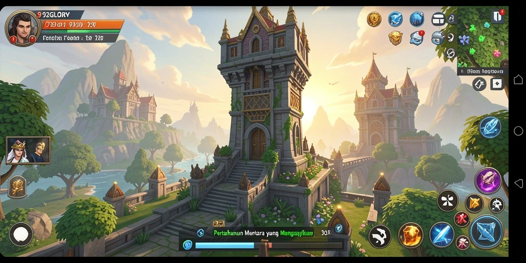 Screenshot gameplay 92GLORY menunjukkan menara yang siap bertahan.
