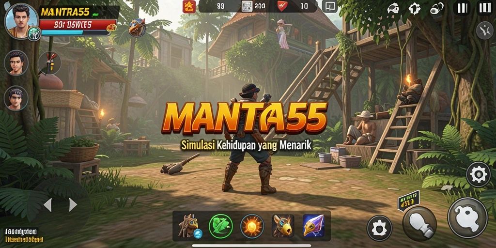 Tampilan gameplay menarik dalam <strong>MANTRA55</strong>, memperlihatkan interaksi karakter dan lingkungan.