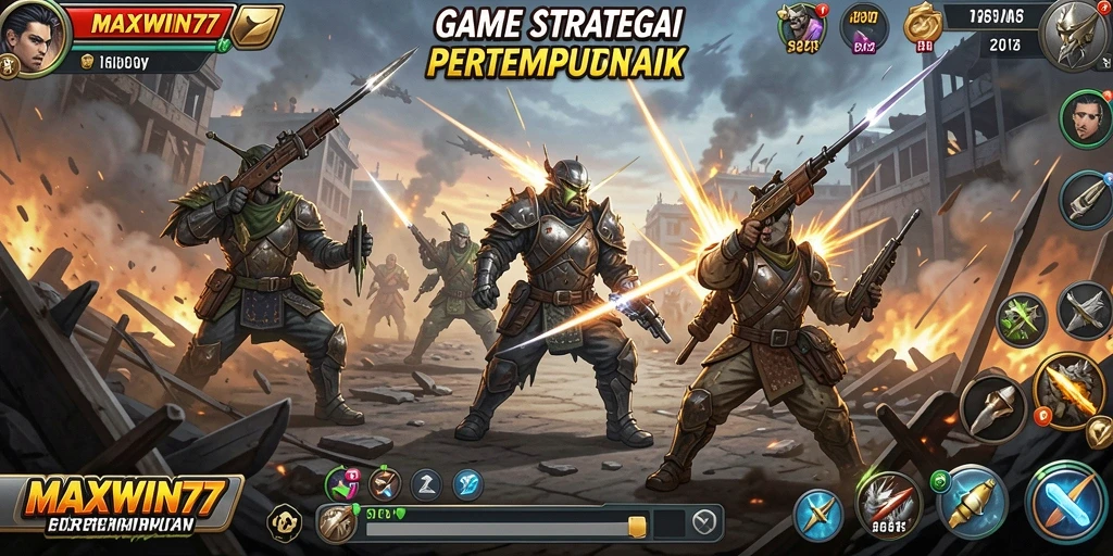 Screenshot gameplay <strong>MAXWIN77</strong> menunjukkan pertempuran epik antar kerajaan.