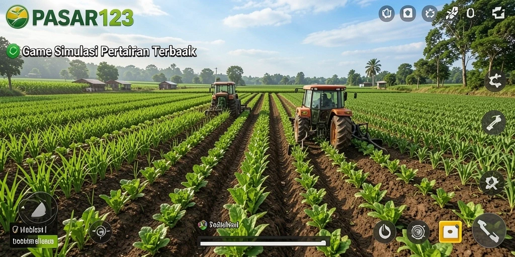 Tampilan gameplay PASAR123 dengan ladang subur dan hewan ternak.